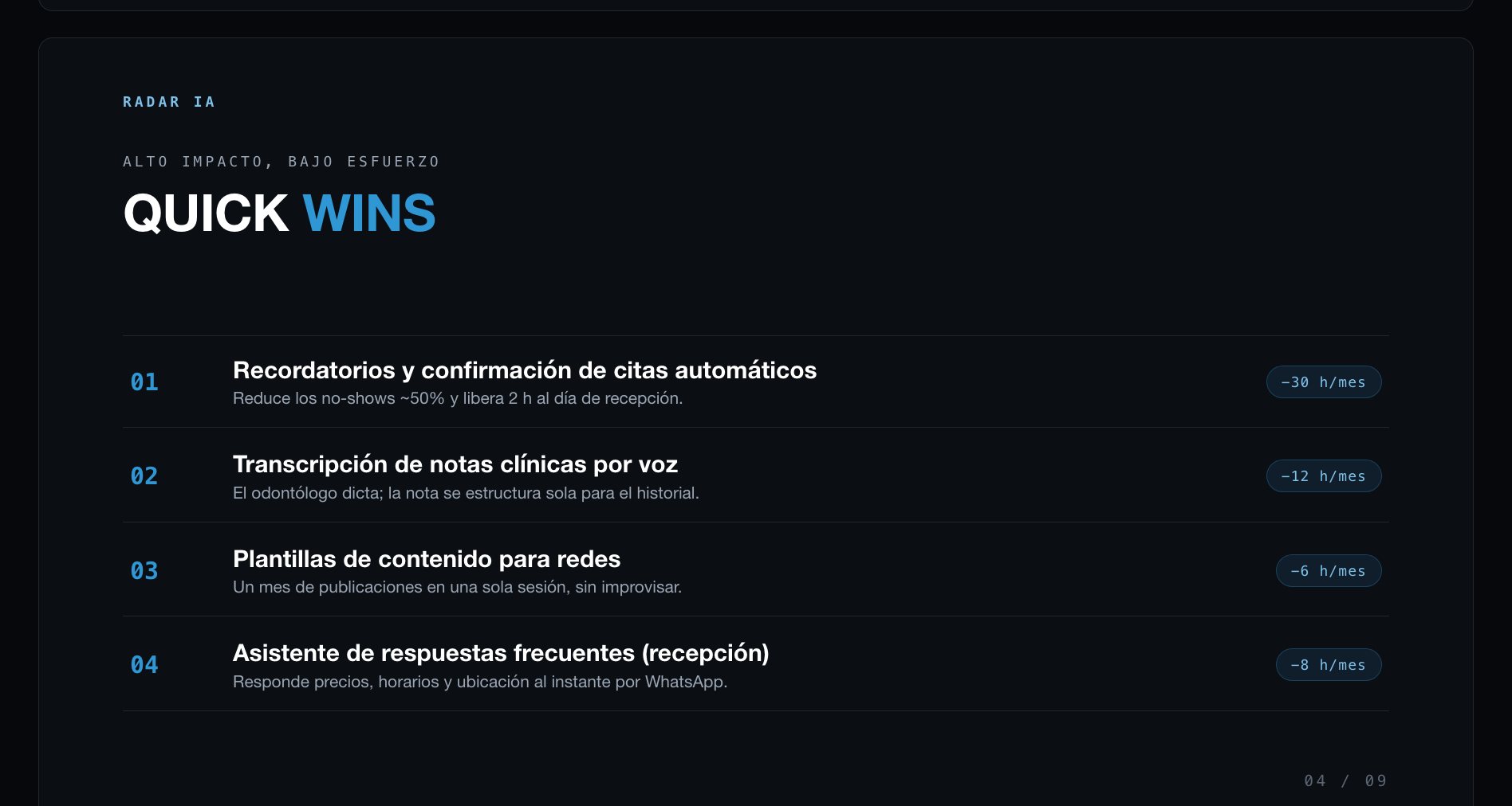 Reporte Radar IA · Quick wins en menos de 30 días