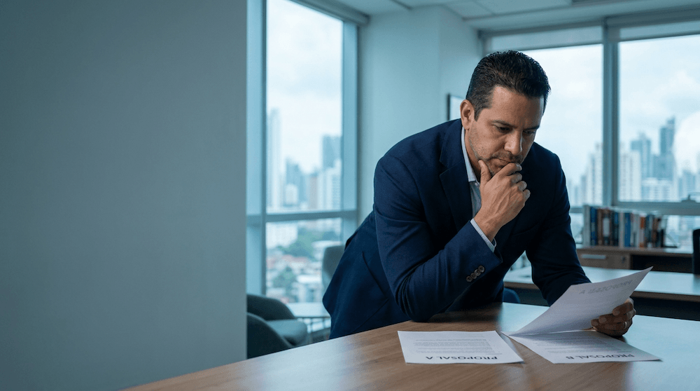 Dueño de empresa en Ciudad de Panamá comparando dos propuestas de marketing