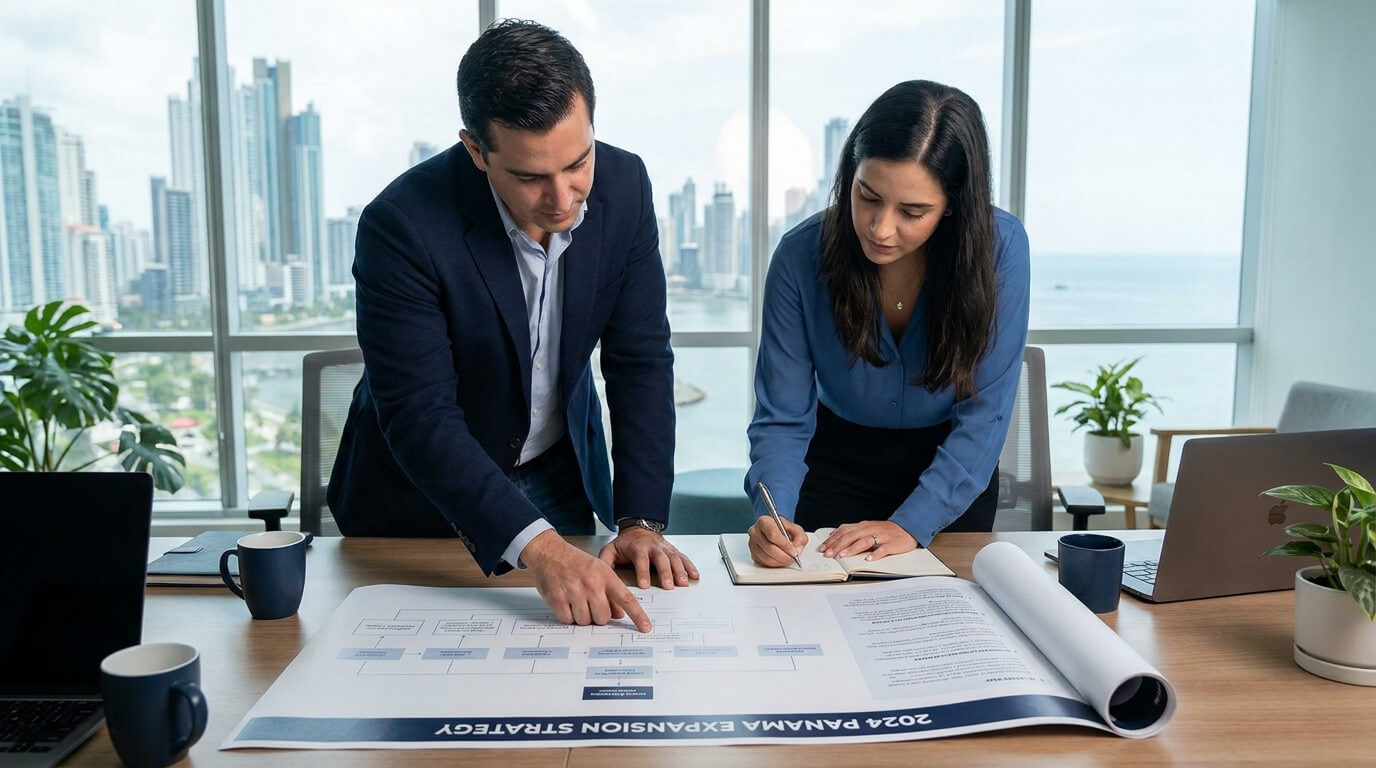 Un consultor define el plan mientras el equipo de ejecución toma nota, en una oficina de Panamá